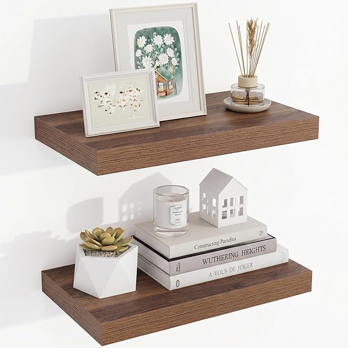 Acovy 16 Inch Floating Shelves, 16"x9.25"x1.5" Inch Deep Floating Shelves for Wall, Wooden Shelves for Bathroom, Bedroom, Living Room, Walnut, 2 Pieces