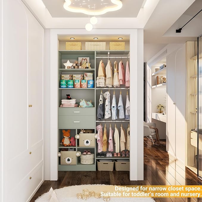Small Closet System - 5FT Closet Organizer System with Wooden Drawers, 60 Inches Walk In Closet System With 5 Hanging Rods, Can Fit 1.58 to 6.8 FT with Reversible Hanging Shelving, Crab Green