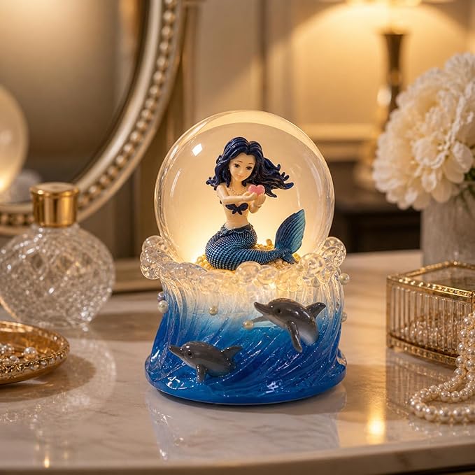 Mermaid Snow Globe Music Box with Light, Plays You are My Sunshine, Blue Ocean Musical Snow Globe Gift for Women, Wife, Girlfriend, Daughter, Mom, Birthday Anniversary Christmas Decor