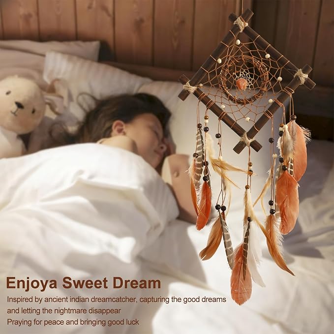 Dream Catcher Native American Boho Dreamcatcher Rattan Wood Wall Decor, Handmade Natural Dream Catchers with Healing Crystal Stone Feathers Ornament Indian Decor for Bedroom Living Room