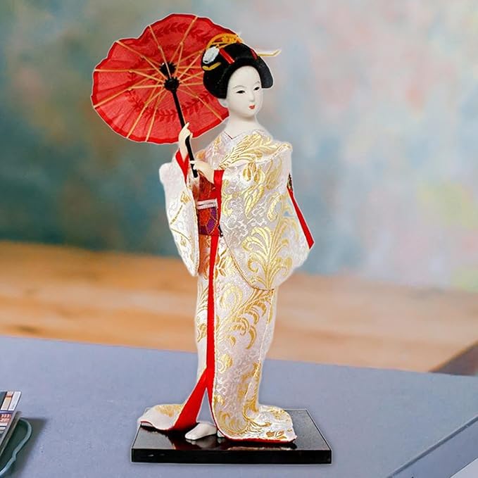 12inch Japanese Geisha Ethnic Japanese Geisha Dolls Oriental Ancient Kabuki Girl Statue Kimono Dolls for Tabletop Home Decor, White and Gold