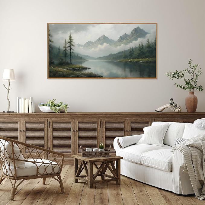 SIGNINART Large Green Forest Framed Canvas Wall Art, Misty Mountain Lake Wall Decor, Modern Foggy Wood Landscape Artwork, Nature Oil Painting Art Print for Living Room, Bedroom, Office 20"x40"