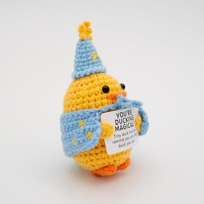 Handcrafted Crochet Witch Doll, Small 2.5x1.5x4 Inch Decorative Plush Figure, Yarn Material, Magical Theme, Inspirational Signs, for Ages 13+ (Duck Wizard)