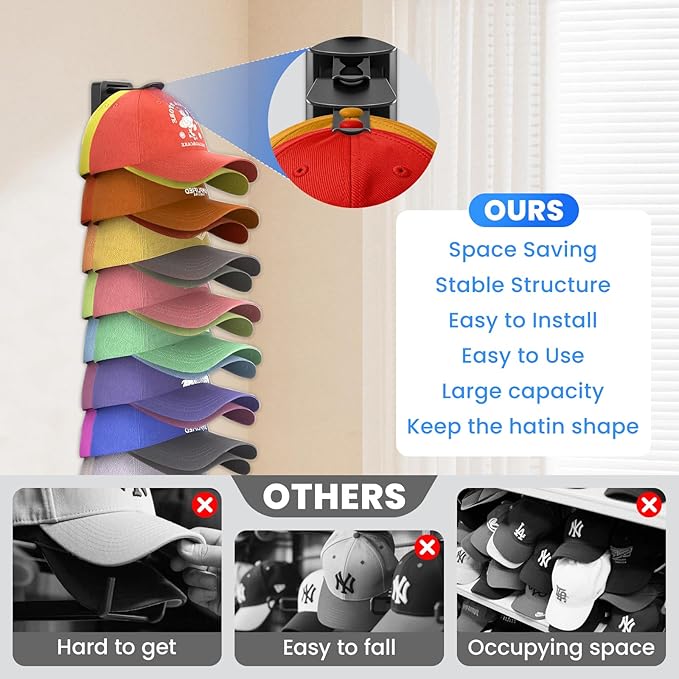 Baseball Cap Storage Rack Wall Mounted - 2-Pack - Holds 40 Caps, Space-Saving Storage and Display Rack - Strong Adhesive Wall Mount - No Drilling Required for Wall and Door Installation (Black)