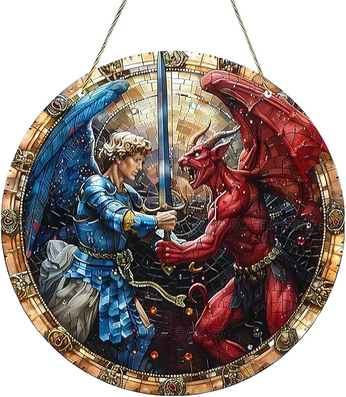 St. Michael San Miguel Arcangel Wall Pediments Home Decor Door Sign Plaques Hanging Pendant Decorations Batter Guard Angel Christian Religious Ornaments (L)