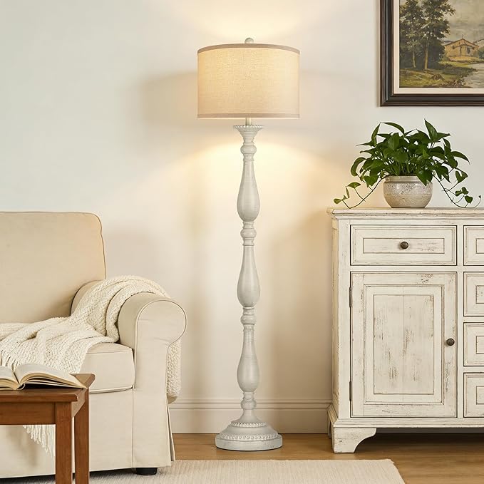 PARTPHONER Vintage Floor Lamp for Living Room, Rustic Farmhouse Standing Lamp with Rotary Switch and Linen Shade, Retro Resin Floor Lamp for Bedroom, Corner, Dining Room, House Decor, White