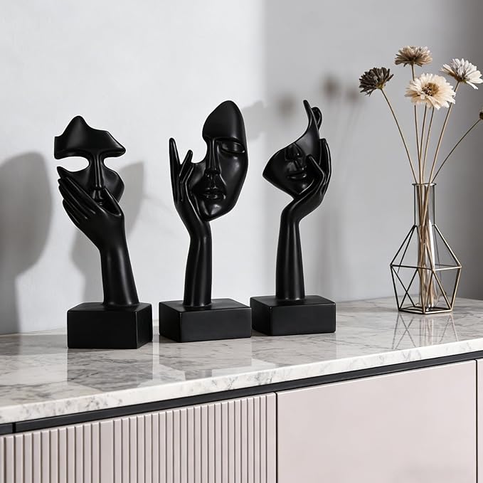 3 Pcs Thinker Large Statue Set - Black Art Abstract Home Accent Figurines for Living Room, Bedroom, Shelves, Office Desktop, Coffee Table Decor, Gift for Women (3 Pcs Black, 9")