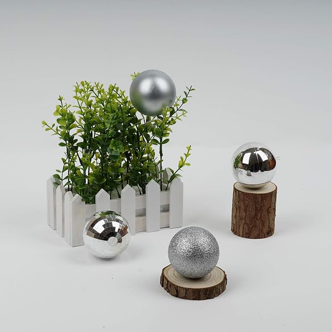 Emopeak 24Pcs Christmas Balls Ornaments for Xmas Christmas Tree - 4 Style Shatterproof Christmas Tree Decorations Hanging Ball for Holiday Wedding Party Decoration (Silver, 2.4"/6.2CM)