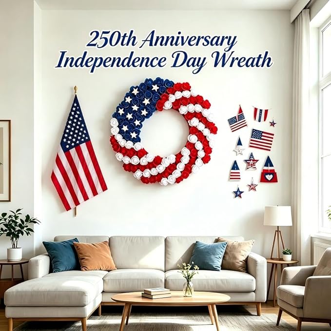 4th of July Decorations Outdoor Patriotic Wreaths for Front Door 250th Anniversary Decorations Red White and Blue American Flag Wreath (Red White Blue 2)