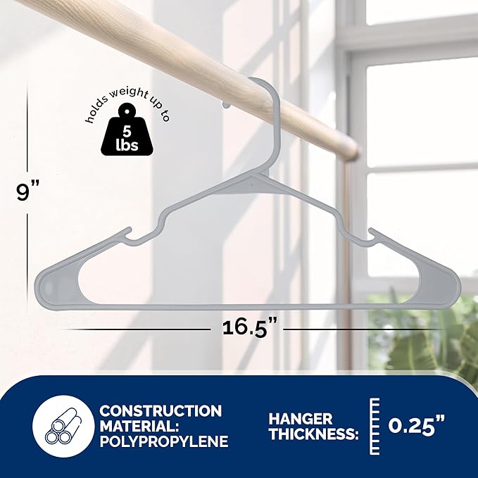 Plastic Hangers 50 Pack - Space Saving Clothes Hangers, Made in USA, Durable & Strong Plastic Shirt & Coat Hanger with Notches & Shoulder Grooves, Non-Slip Clothing Hangers | Grey