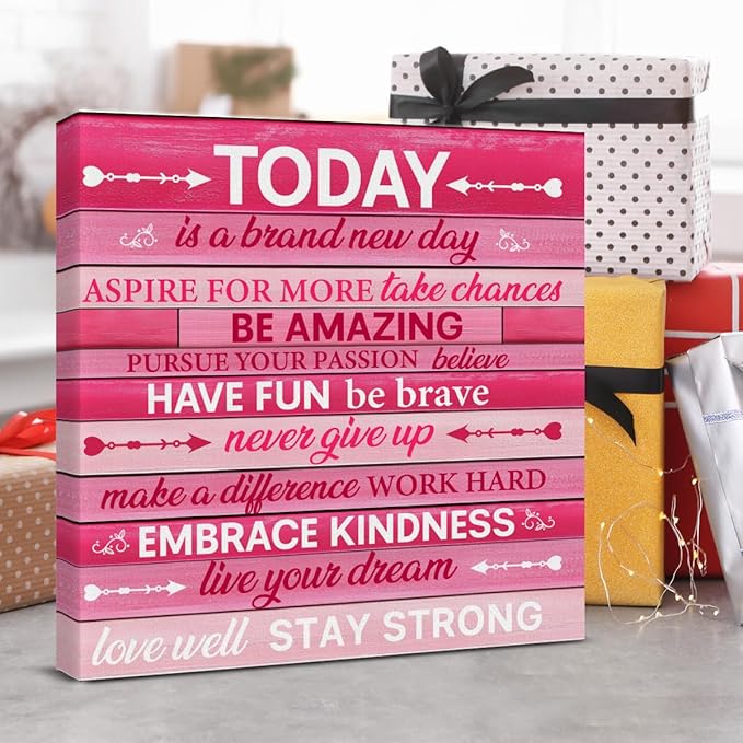 Pink Wall Decor, Inspirational Office Wall Art for Women, Motivational Quotes Room Decor For Teen Girls, Pink Framed Canvas Posters for Bedroom Kitchen Home Decorations, 8 x 8 Inches