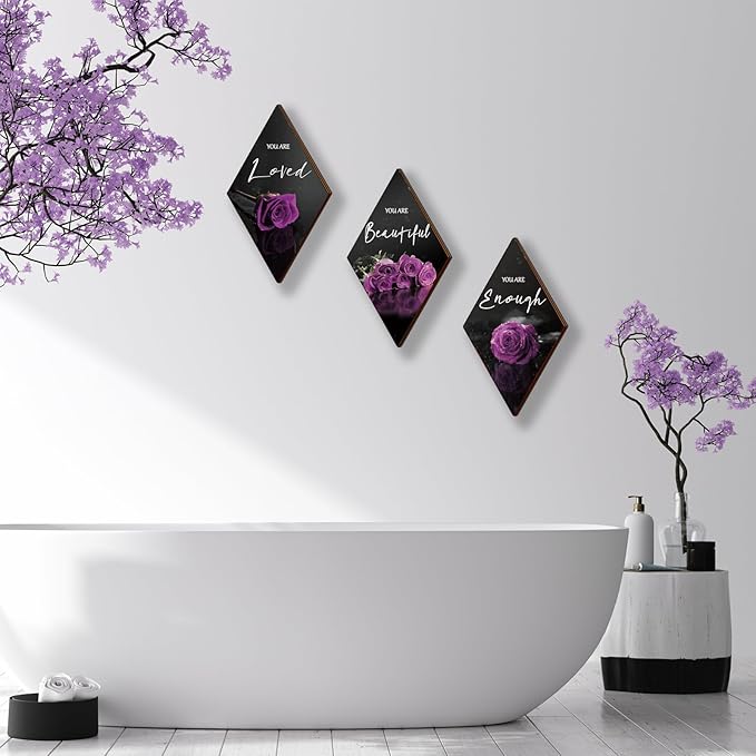 ONIZHITY 3-Piece Purple & Black Wall Decor - Rose Wooden Art with Positive Quotes for Bedroom, Bathroom & Wedding (12 x 7)