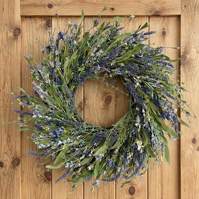 Jobflower 24 Inch Lavender Wreath for Front Door - Artificial Spring Wreath with Realistic Blue Berries - Lifelike Farmhouse Wall Decor for All Seasons