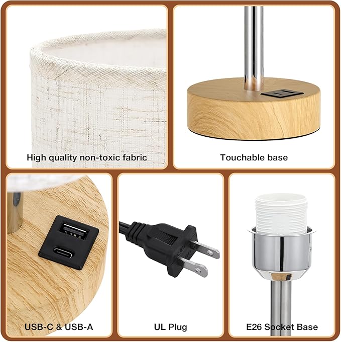 Touch Bedside Lamps Set of 2 - 3 Way Dimmable Table Lamps for Bedroom, Nightstand Lamp with Wooden Charging Station for Kids Room Dorm, Small Desk Lamp for Living Room, Office, Kids Room, Nursery