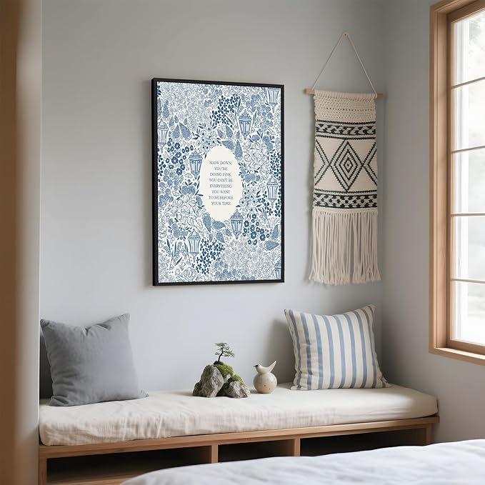 Framed Slow Down Youre Doing Fine Music Posters Motivational Quote Wall Art Blue Victorian Floral Inspirational Canvas Print Vintage Aesthetic Positive Affirmation Office Home Calming Decor 8x12inch