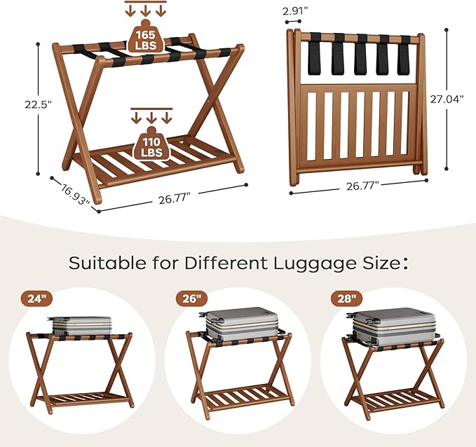 Full Assembled 26.77" L Luggage Rack Set of 2 - Luggage Stand for Guest Room, Foldable Suitcase Stand with Shoe Shelf, Luggage Holder for Bedroom, Hotel (Walnut Bamboo Suitcase Holders)