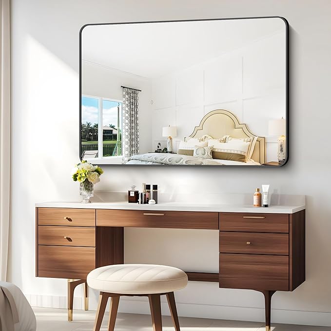 BONEWEI 55x36 inch Bathroom Mirror,Black Rectangle Mirror,Wall Mounted Bathroom Frame Vanity Mirror with Round Corner for Bedroom Living Room, Entryway Hangs Horizontal or Vertical