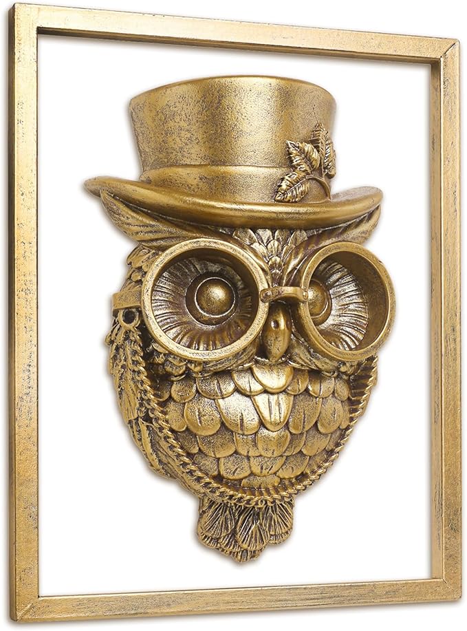Newinhome Animal Heads Wall Decor (Includes Metal Frame) Halloween Resin Animals Sculptures Head Wall Hanging Decoration Gold vintage Wall Sculpture for Living Room Bedroom Office(Owl)