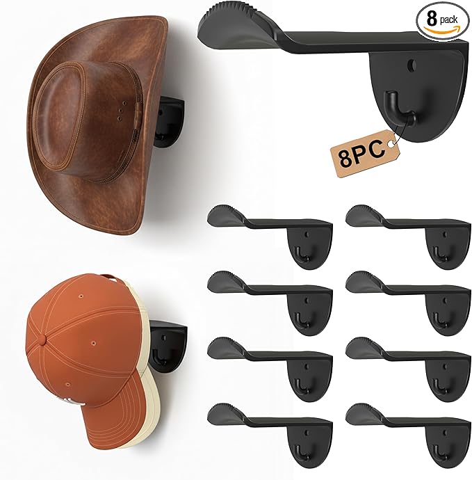 Adhesive Hat Hooks for Wall, 8 Pack, 2.9" Cowboy Hat Rack Prevents Deformation, Hat Hangers with Key Hook for Baseball Caps & Fedora, Drill or Stick, Western Decor Organizer, Black