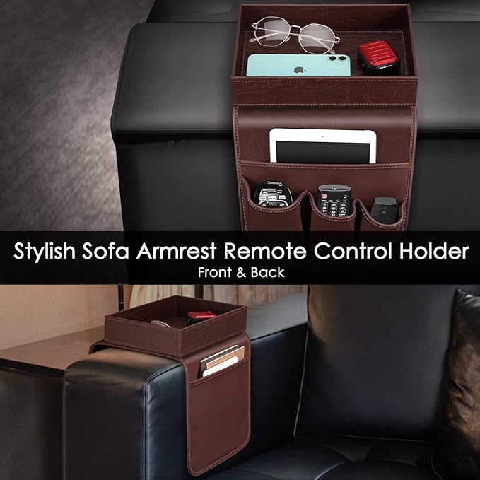 SITHON Sofa Remote Control Holder with Detachable Tray - [Non Slip] PU Leather Chair Couch Armrest Organizer Caddy with 5 Pockets for Magazines Phone iPad TV Remote Game Controller Eyeglasses (Brown)