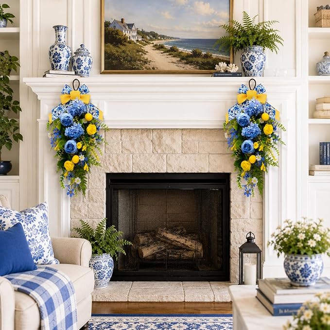nuvagiki Summer Lemon Floral Teardrop Swag Set of 2, Blue Yellow Chinoiserie Lemon Front Door Decor, Floral Porch Swag for Farmhouse Entryway Wall Hanging Decorations