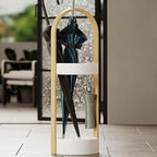 Metal Round Umbrella Stand Rack with Water Collection Tray, Solid Wood Umbrella Holder with Multiple Hooks, Canes Storage Stand Rack for Office, Home, Entryway(Black)