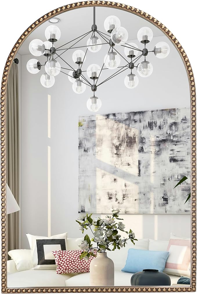 Antique Gold Arched Wall Mirror 20"x30", Ornate Beaded Metal Frame Bathroom Mirror, Vintage Decorative Wall Mirror for Bedroom, Living Room, Entryway, or Vanity Décor