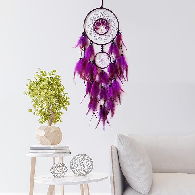 Purple Dream Catcher Wall Decor Crystal Tree of Life Dream Catchers Handmade Feather Dreamcatcher Wall Hanging Ornament for Bedroom Living Room Home Decor