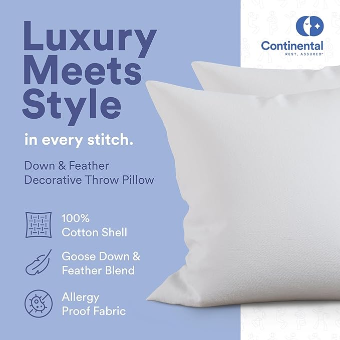 Continental Bedding Throw Pillow Inserts - 24x24, 80% White Goose Down & 20% Feather Fill - Soft Decorative Euro Pillows for Couch, Bed, Sofa & Living Room - Luxurious Comfort & Support