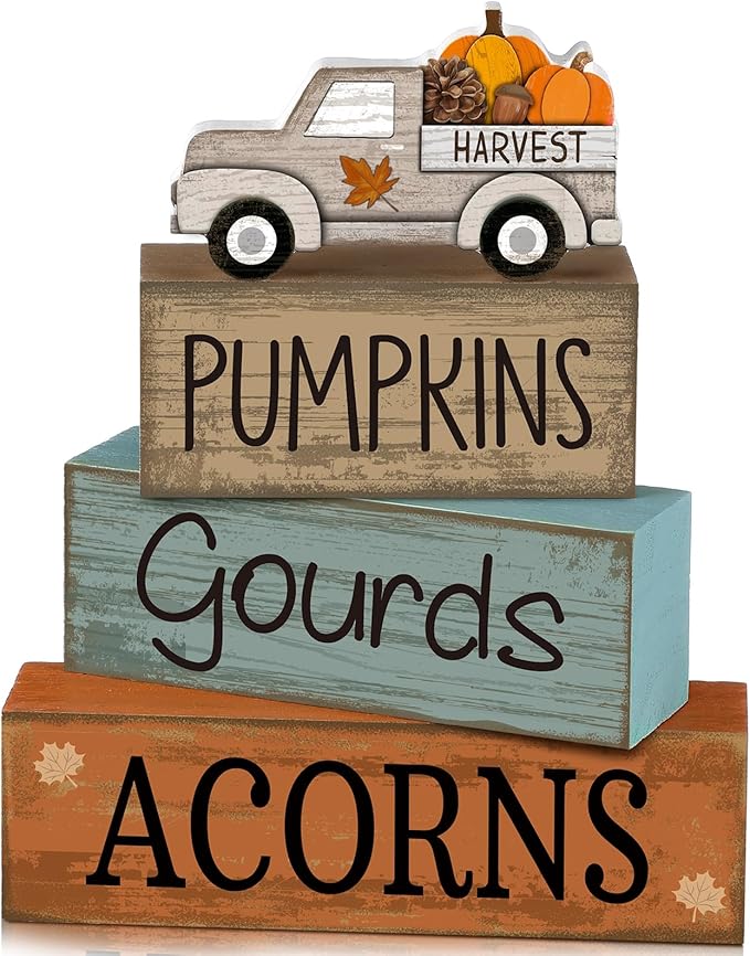 Lineshading 4 Pcs Fall Decoration for Home Fall Truck Decor Thanksgiving Tiered Tray Decor Thanksgiving Centerpiece Decorative Pumpkin Truck Block Signs Gift Farmhouse Autumn Table Decoration for Home