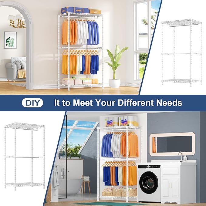Ulif E12 Pro Clothes Rack，Heavy Duty Freestanding Garment Rack with Shelves，Metal Clothing Closet Storage System for Hanging Clothes，71" W x 16" D x 76.5" H, Hold 960 lbs，White
