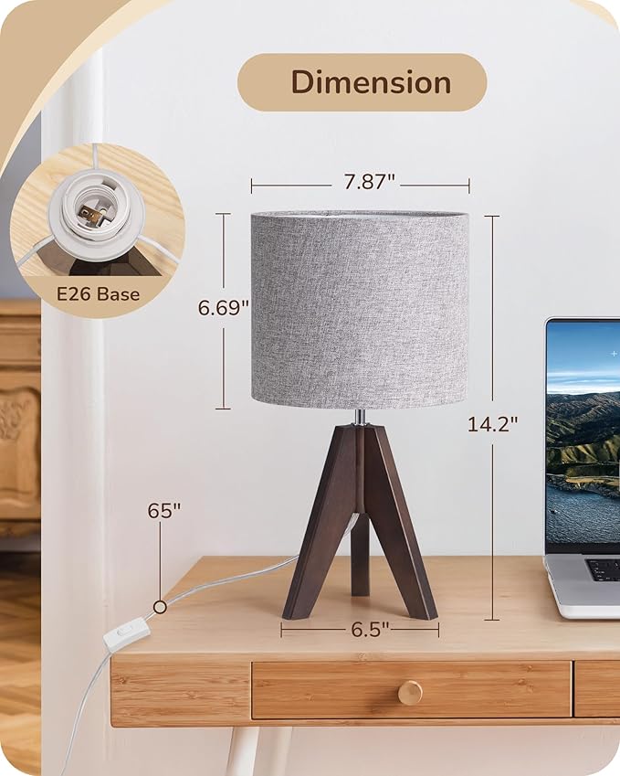 EDISHINE Boho Small Table Lamp, Walnut Color Wooden Tripod Bedside Lamp, Farmhouse Nightstand Lamp for Nursery, Bedroom, Office, Kid Room, Living Room, Grey Linen Lampshade, E26 Socket, 14.2 Inch