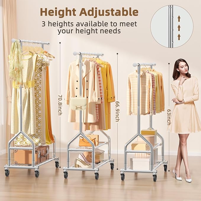 EAGMAK Heavy Duty Clothes Rack Load 556 LBS, Rolling Clothing Rack With Shelves, Height Adjustable Metal Clothes Hanger with Wheels Portable Wardrobe Organizer Garment Rod for Hanging Clothes (Silver)