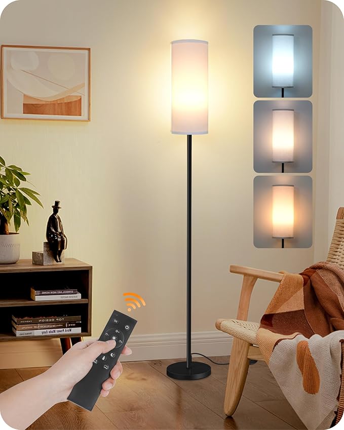 Set of 2 Dimmable Floor Lamps for Living Room with 2 Remotes and Foot Switch, 64.4”Modern Standing Tall Lamp, Corner Lamp for Bedroom, Bulb Included, 3000K-6500K, White Shade CW06LDP205W1
