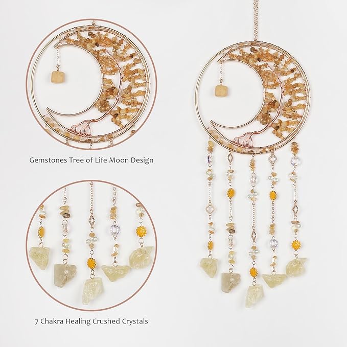 Yellow Gemstone Dream Catcher 7 Chakras Tree of Life Moon Dream Catchers with Healing Crystal Stones Handmade Suncatcher Dreamcatcher Wall Decor for Adults Living Room,Bedroom,Garden,Bless Gift