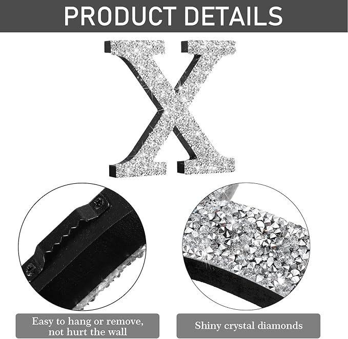 Qunclay 8'' Silver Crystal Diamond Bling Letters Crushed Diamond Decoration Wooden Glitter Letter with Screw and Hooks Rhinestone Gift for Wedding Y2k Mcbling Bedroom Wall Decor (Letter X)