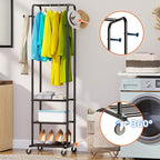 Heavy Duty Clothing Rack with Wheels, Modern Garment Rack with 3 Metal Shelves, Black