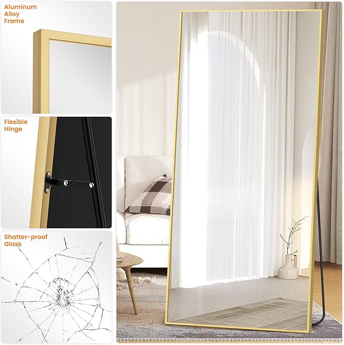 TRAHOME Full Length Mirror, 75"x35" Rectangle Standing Floor Full Body Mirror for Wall with Aluminum Alloy Frame for Bedroom, Living Room, Dressing Room(Gold)