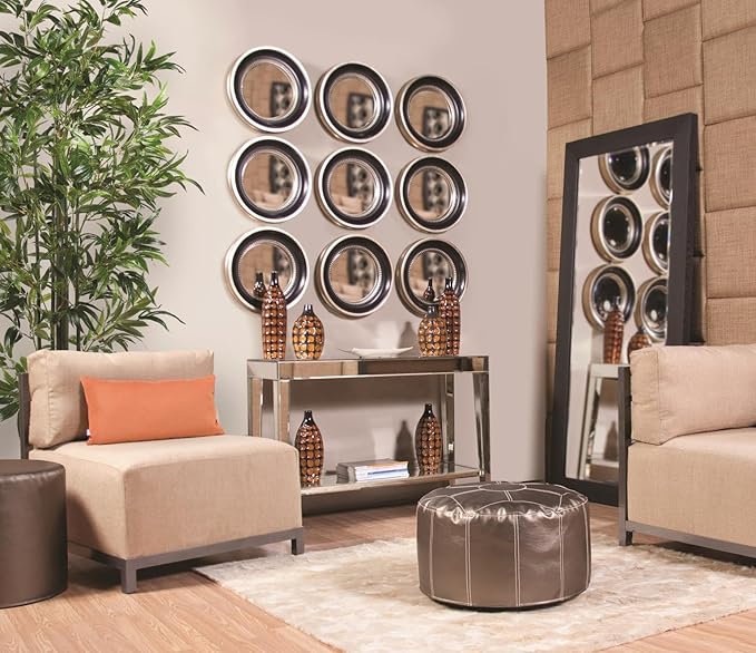 Howard Elliott Patterson Convex Round Hanging Accent Wall Mirror, Matte Black and Silver Leaf, for Bedroom Entrway or Any Room, 16 Inch