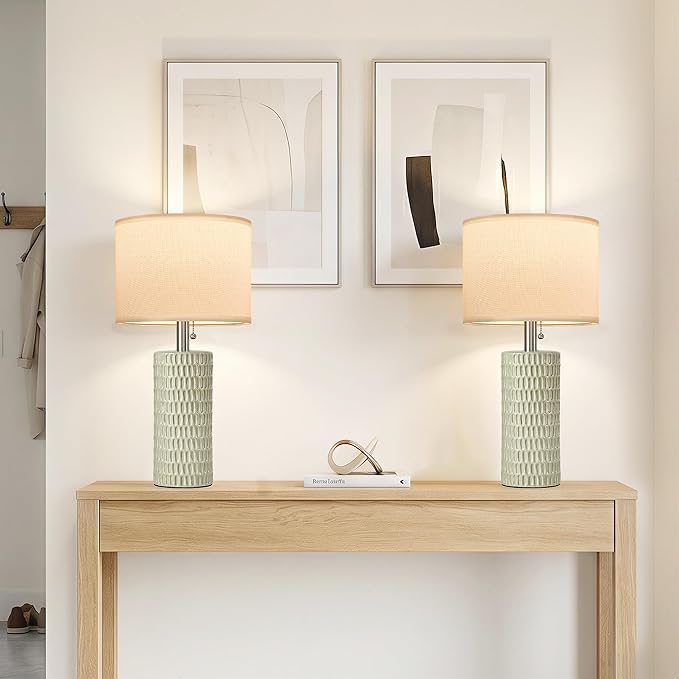 Reaketon Table Lamps for Living Room Set of 2, Ceramic Table Lamps for Bedroom, 20" Modern Lamps for Night Stands, Light Green