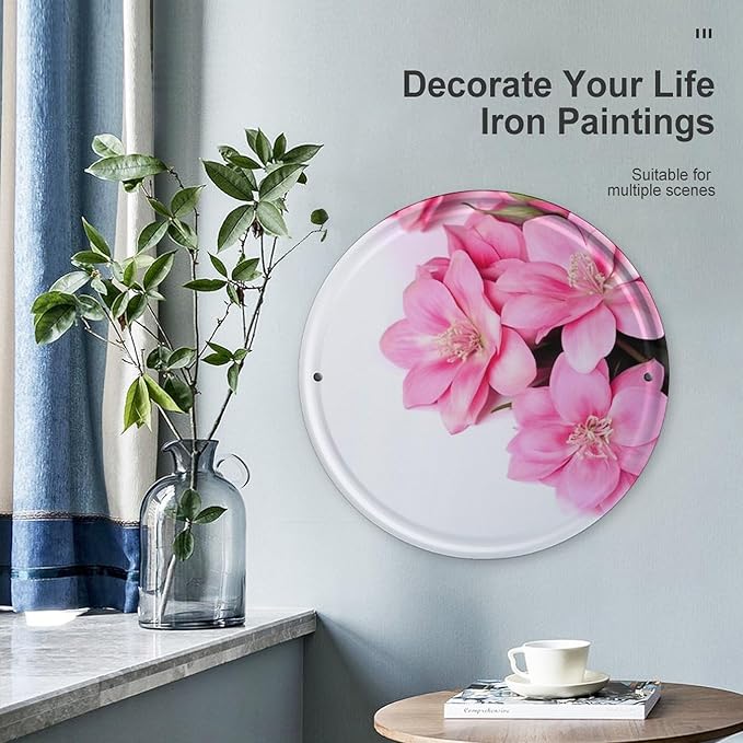 Wall Picture, with Beautiful Flowers Printed Circular Iron Hanging Picture,Wall Art Decor,Home for Bedroom Living Room Bathroom Decor,Iron Painting 11.8X11.8 in