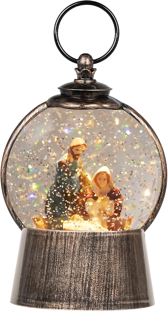 Nativity Snow Globe Christmas Snow Globe Lantern, Light up Nativity Sets for Christmas Indoor Decor, Silent Night Music with Swirling Glitter, USB Powered & Battery Nativity Scene Holy Family