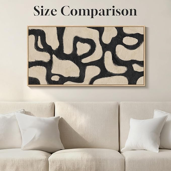 Framed Abstract Neutral Horizontal Wall Art for Living Room, Black Beige Mid Century Modern Artwork for Walls, Large Abstract Canvas Painting Print for Bedroom Hallway Home Office Wall Decor, 24x48 In