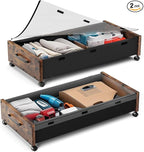 Under Bed Storage with Wheels, 2 Packs Wooden Storage Containers Extra Large Underbed Shoes Organizer, Rolling Under Bed Storage Drawers with Clear Lid, Heavy Duty for Clothes Toys 36"L (Vintage)