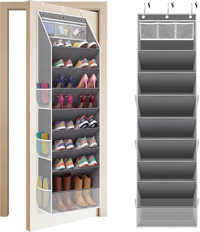 Over The Door Shoe Organizer - 8 Tier Hanging Shoe Organizer with Large Capacity Pockets, Shoe Organizer for Closet, Shoes Rack for Door, Fits 16-24 Pairs of Sneakers, Boots, Heels – Grey