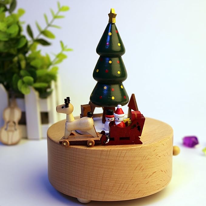 Natural Solid Wood Handcrafted Beech Wooden, Musical FigureTotoro/Carousel/Fairy/Ballerina Figurine,Rotating Hand Crank Mechanism Music Box,Musical Decorations (Christmas Tree and Carriage)