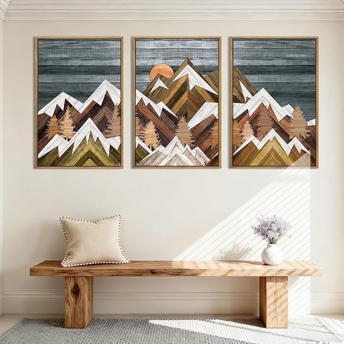 BINCUE Extra Large Mountain Wall Art Farmhouse Mountain Wall Decor Large Landscape Artwork 24x36 Inches Set of 3 Framed Rustic Painting Boho Mountains Artwork for Living Room Bedroom Office Farmhouse
