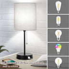 17.3’’ Table Lamps Set of 2 with 2 USB & AC Outlet, Bedside Nightstand Lamps for Bedroom Living Room Kid’s Room, Desk Lamp with Pull Chain Switch & Fabric Shade for Office Reading Nursery, Grey