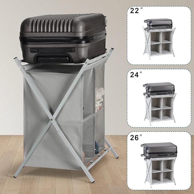 Luggage Rack for Guest Room, Suitcase Stand with 4 Fabric Storage Compartments and 4 Nylon Straps, Metal Folding Luggage Rack for Hotel, Bedroom, Living Room, Gray