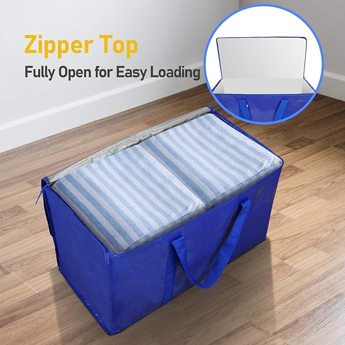TICONN 2 Pack Extra Large Moving Bags Heavy Duty with Zippers & Carrying Handles, Durable Storage Bags Moving Boxes for Closet Organizers and Storage (2 Pack, Blue)